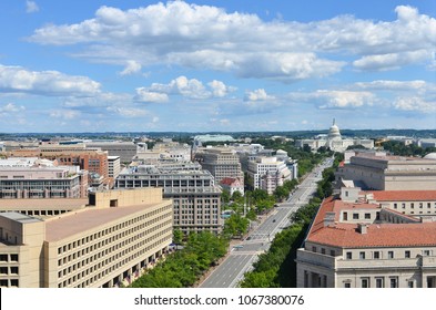 Washington D.C. - An Aerial View Of Pennsylvania Avenue With Federal Buildings Including US Archives Building, Department Of Justice, FBI Headquarters And US Capitol Hill