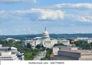 Washington D.C. - An Aerial View Of Pennsylvania Avenue With Federal Buildings Including US Archives Building, Department Of Justice, FBI Headquarters And US Capitol Hill