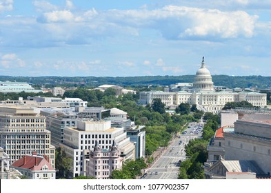 Washington D.C. - An aerial view of Pennsylvania Avenue with federal buildings including US Archives building, Department of Justice, FBI Headquarters and US Capitol Hill