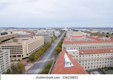 Washington DC - Aerial View Of Pennsylvania Street With Federal Buildings Including US Archives Building, Department Of Justice And US Capitol