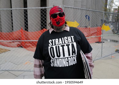 Washington, DC – April 1, 2021: An Activist From The Standing Rock Reservation Wears A T-shirt Informing Everyone Of Her Opposition To The DAPL Oil Pipeline And The Need To Shut It Down.