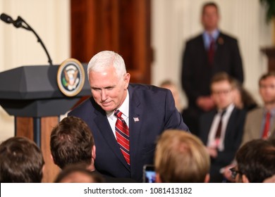 Washington, DC - April 27, 2018: Vice President Mike Pence Attends The Press Conference With US President Donald Trump And German Chancellor Angela Merkel At The White House. 