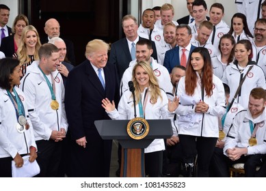 WASHINGTON, DC - APRIL 27, 2018: President Donald Trump Speaks With Amanda Kessel Who Plays Womans Hockey During His Welcome Of The US Olympic And Paralympic Teams To The White House. 