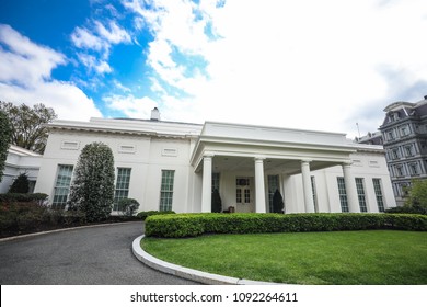 Washington, D.C. - April 27, 2018: A View Of The Exterior Of The White House, Home To Every United States President Since John Adams And The Current Home Of President Donald Trump.