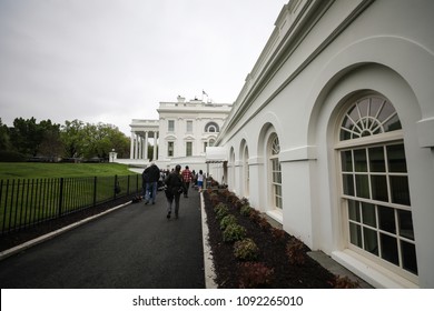 Washington, D.C. - April 27, 2018: A View Of The Exterior Of The White House, Home To Every United States President Since John Adams And The Current Home Of President Donald Trump.