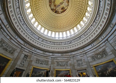 Washington, D.C.USA -  August 04, 2012: Interior Of Dome In The Capitol Building And Visitors On A Guided Tour