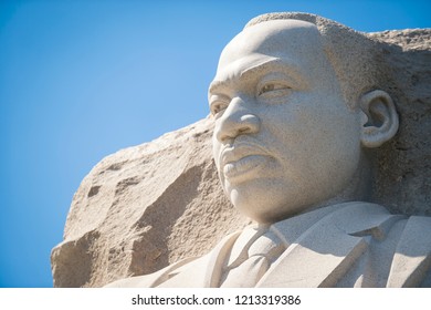 WASHINGTON DC - AUGUST 27, 2018: The Martin Luther King Jr Memorial Looks Out Under Clear Sky As The Statue’s Host City Is Clouded With Political And Racial Division.