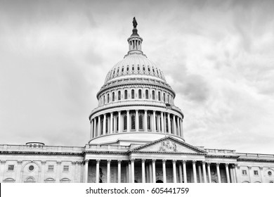 Washington DC, Capital City Of The United States. National Capitol Building. Black And White Retro Style.