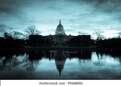 Washington DC, Capitol Building In A Cloudy Sunrise With Mirror Reflection - Split Toned