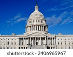 Washington DC Capitol Building facade under blue sky with clouds