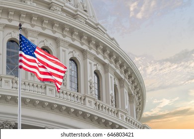 Washington DC Capitol dome detail with waving american flag - Shutterstock ID 646803421