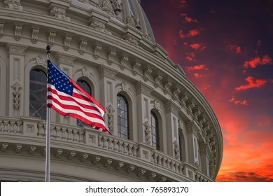 Washington DC Capitol dome detail with waving american flag - Shutterstock ID 765893170