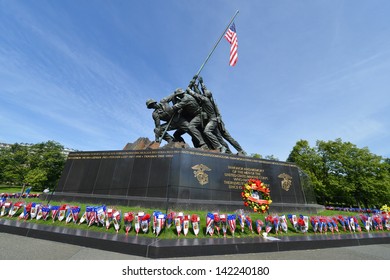 WASHINGTON DC - CIRCA MAY 2013: Iwo Jima Memorial Circa May 2013 In Washington DC, USA. The Memorial Framed With Flower Bouquets During Memorial Day Week.