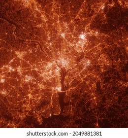 Washington DC City Lights Map, Top View From Space. Aerial View On Night Street Lights. Global Networking, Cyberspace. High Resolution