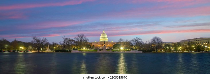 Washington, D.C. city skyline city scape of USA with United States Capitol at sunset