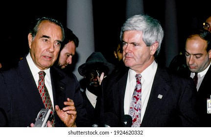 Washington DC. December  1994
Incoming Senate Majority Leader Senator Robert Dole Republican Of Kansas And Speaker Of The House Congressman Newt Gingrich Of Georgia Talk To Reporter At The White House