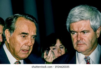 Washington DC. December  1994
Incoming Senate Majority Leader Senator Robert Dole Republican Of Kansas And Speaker Of The House Congressman Newt Gingrich Of Georgia Talk To Reporter At The White House