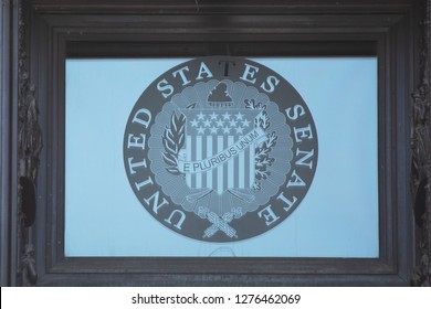 WASHINGTON, DC - DECEMBER 26, 2018: Seal Of The United States Senate Above The Ceremonial Senate Door At The US Capitol. Days Earlier The Senate Recessed Despite A Looming Partial Government Shutdown.