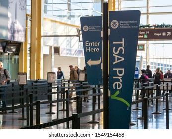 Washington, DC DECEMBER 26, 2018: TSA Precheck Fast Lane Line Before Security At Reagan National Airport