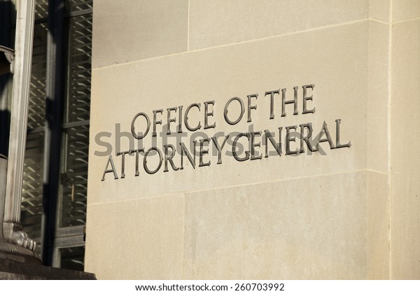 WASHINGTON, DC -\
DECEMBER 26: Sign outside the Office of the Attorney General\
located in the Department of Justice Building in downtown\
Washington, DC on December 26,\
2014.