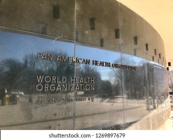 WASHINGTON, DC - DECEMBER 29, 2018: Sign At Pan American Health Organization, World Health Organization, Headquarters Building.