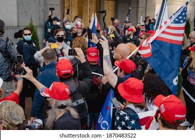 WASHINGTON, DC - DECEMBER 8, 2020: Demonstrators And Counter Protestors Clash At Million MAGA March