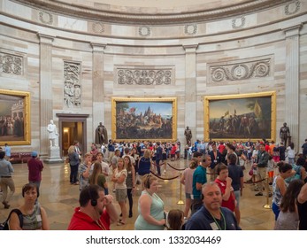 Washington DC, District Of Columbia, Summer 2018 [United States Capitol Interior Federal District, Tourist Visitor Center, Rotunda With Fresco By Constantino Brumidi National Statuary Hall Collection]