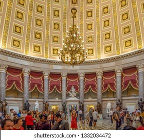 Washington DC, District Of Columbia, Summer 2018 [United States Capitol Interior Federal District, Tourist Visitor Center, Rotunda With Fresco By Constantino Brumidi National Statuary Hall Collection]