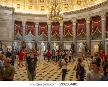 Washington DC, District Of Columbia, Summer 2018 [United States Capitol Interior Federal District, Tourist Visitor Center, Rotunda With Fresco By Constantino Brumidi National Statuary Hall Collection]