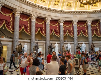 Washington DC, District Of Columbia, Summer 2018 [United States Capitol Interior Federal District, Tourist Visitor Center, Rotunda With Fresco By Constantino Brumidi National Statuary Hall Collection]