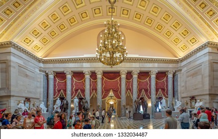 Washington DC, District Of Columbia, Summer 2018 [United States Capitol Interior Federal District, Tourist Visitor Center, Rotunda With Fresco By Constantino Brumidi National Statuary Hall Collection]