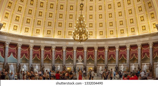 Washington DC, District Of Columbia, Summer 2018 [United States Capitol Interior Federal District, Tourist Visitor Center, Rotunda With Fresco By Constantino Brumidi National Statuary Hall Collection]