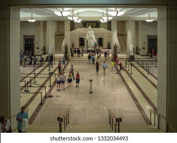 Washington DC, District Of Columbia, Summer 2018 [United States Capitol Interior Federal District, Tourist Visitor Center, Rotunda With Fresco By Constantino Brumidi National Statuary Hall Collection]