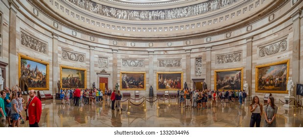 Washington DC, District Of Columbia, Summer 2018 [United States Capitol Interior Federal District, Tourist Visitor Center, Rotunda With Fresco By Constantino Brumidi National Statuary Hall Collection]