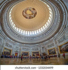 Washington DC, District Of Columbia, Summer 2018 [United States Capitol Interior Federal District, Tourist Visitor Center, Rotunda With Fresco By Constantino Brumidi National Statuary Hall Collection]