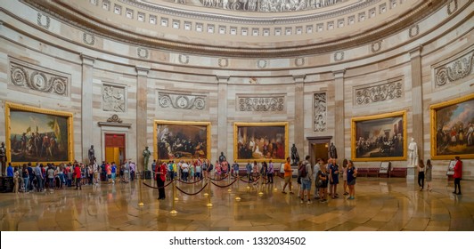 Washington DC, District Of Columbia, Summer 2018 [United States Capitol Interior Federal District, Tourist Visitor Center, Rotunda With Fresco By Constantino Brumidi National Statuary Hall Collection]