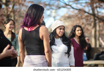 Washington, DC - February 18, 2017: Dancers Gather Outdoors For A Flash Mob At Meridian Hill Park. 