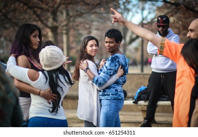 Washington, DC - February 18, 2017: Dancers Gather Outdoors For A Flash Mob At Meridian Hill Park. 