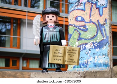 Washington, DC - February 22, 2017: The German Embassy is celebrating the 500th anniversary of the Reformation with a life-size Playmobil figure of Martin Luther, which is used for photo ops.