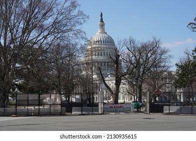 Washington, DC – February 22, 2022: A View Of The Capitol With The Newly Installed Security Fence In Preparation Of A Truckers Convoy Demonstration About To Descend On The City.