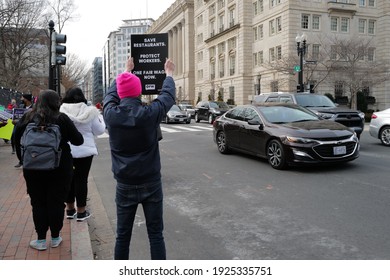 Washington, DC – February 26, 2021: Activists At The White House Fence Demanding The Senate Include The Proposed $15 Minimum Wage In The Pending Covid Relief Bill.