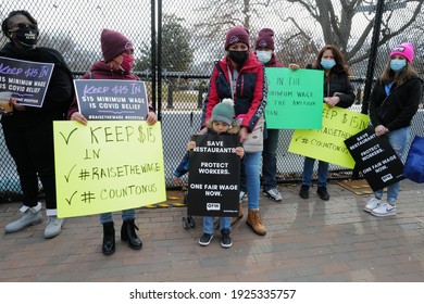 Washington, DC – February 26, 2021: Activists At The White House Fence Demanding The Senate Include The Proposed $15 Minimum Wage In The Pending Covid Relief Bill.