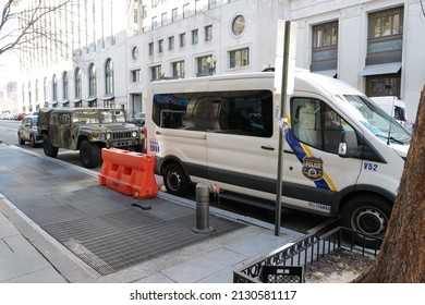 Washington, DC – February 28, 2022: National Guard Vehicles Have Been Placed Around The City To Block Streets In Countering Expected Disruptions By Truck Convoy Participants.