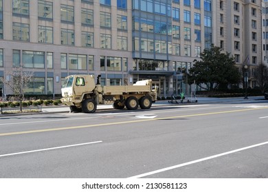 Washington, DC – February 28, 2022: National Guard Vehicles Have Been Placed Around The City To Block Streets In Countering Expected Disruptions By Truck Convoy Participants.