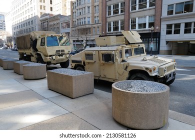 Washington, DC – February 28, 2022: National Guard Vehicles Have Been Placed Around The City To Block Streets In Countering Expected Disruptions By Truck Convoy Participants.