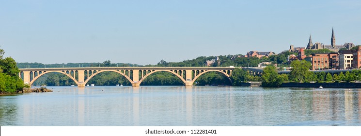 Washington DC - Francis Scott Key Bridge And Georgetown With Potomac River Panoramic View