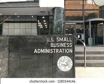 WASHINGTON, DC - JANUARY 12, 2019: SBA - SMALL BUSINESS ADMINISTRATION Sign Emblem Seal At Headquarters Building Entrance. SBA Is The Government Agency That Provides Support To Small Businesses.