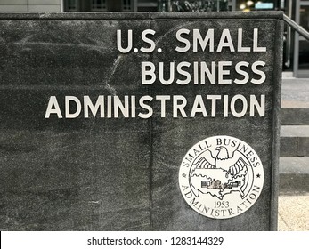 WASHINGTON, DC - JANUARY 12, 2019: SBA - SMALL BUSINESS ADMINISTRATION Sign Emblem Seal At Headquarters Building Entrance. SBA Is The Government Agency That Provides Support To Small Businesses.