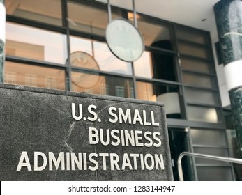 WASHINGTON, DC - JANUARY 12, 2019: SBA - SMALL BUSINESS ADMINISTRATION Sign Emblem Seal At Headquarters Building Entrance. SBA Is The Government Agency That Provides Support To Small Businesses.