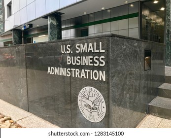 WASHINGTON, DC - JANUARY 12, 2019: SBA SMALL BUSINESS ADMINISTRATION Sign Emblem Seal At Headquarters Building Entrance. SBA Is The Government Agency That Provides Support To Small Businesses.